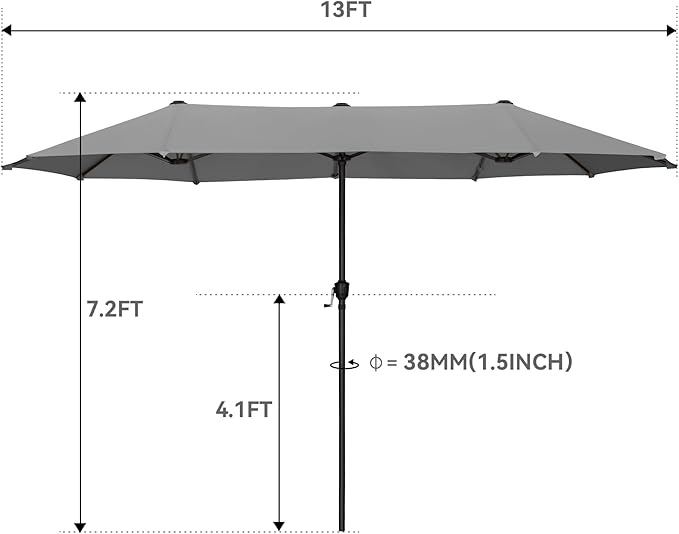 GREEN PARTY 13ft Rectangle Patio Umbrella, Double Sided Outdoor Table Umbrella with Crank & 1.5" Pole, Large Market Umbrella for Poolside Garden Deck Backyard, Smoky Gray
