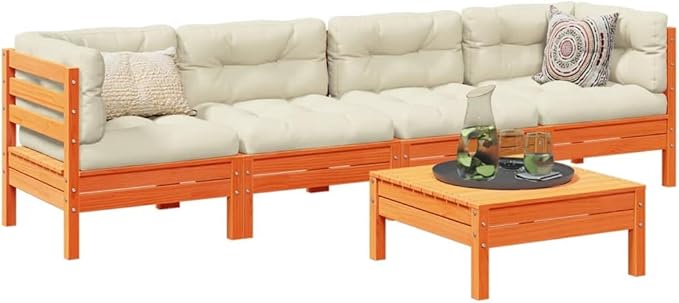 5 Piece Patio Sofa Set with Cushions, Patio Conversation Set Outdoor Sofa Sets Sectional Sofa Front Porch Furniture for Poolside Garden Exhibition Negotiation Area Wax Brown Solid Wood Pine