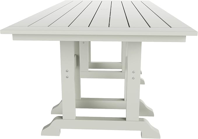 WestinTrends Ashore 7 Pieces Adirondack Outdoor Dining Set, All Weather Poly Lumber Slatted Modern Farmhouse Outdoor Furniture Set, 71" Trestle Dining Table and 6 Adirondack Dining Chair, Sand