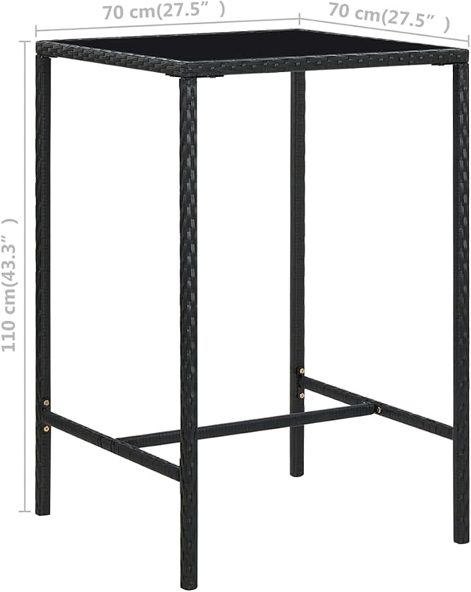 27.6" Black Square Outdoor Bar Table, Tempered Glass, PE Rattan, Steel Frame, 43.3" H Balcony Garden Bistro