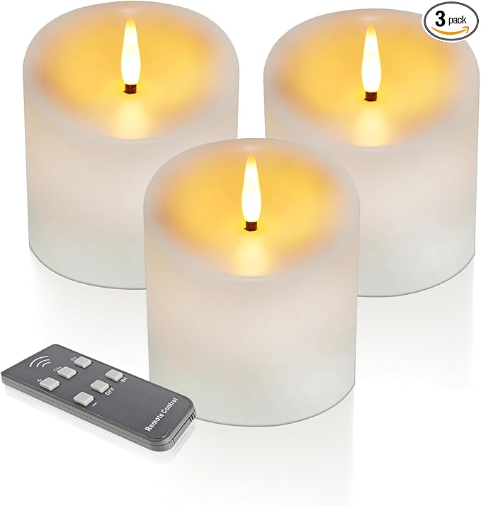 TECHLONG Outdoor Waterproof Flameless Candles with Timer, Remote Control Battery Operated Candles Flickering Last 600 Hours, 3"x3" Realistic Electric Fake LED Candles, Ivory Plastic, Set of 3
