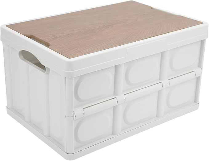 Ymiko Outdoor Storage Box, Storage Box with Wooden Panel 30L Removable Camping Box for Outdoor (White)