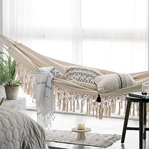 Boho Large Brazilian Macrame Double Hammock Swing Bed with Carry Bag for Patio,Bedroom, Yard, Beach, Indoor, Outdoor & Wedding Party Decor, White(Beige) Party