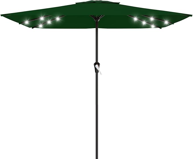 AreShark 8' X 10' Rectangular Patio Umbrella with Solar Lights, Lighted Solar Umbrella with Crank, Outdoor Table Umbrella for Garden, Deck, Backyard, Pool and Beach, Dark Green