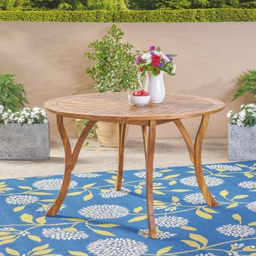 47.25" Round Acacia Wood Dining Table with Teak Finish, Weather-Resistant Slatted Patio Table for Outdoor & Indoor Use