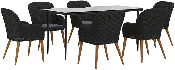 7 Piece Patio Dining Set, Outdoor Dining Table and Chairs with Cushions, Tempered Glass Table and 6 Rattan Chairs with Acacia Wood Armrests for Backyard Patio
