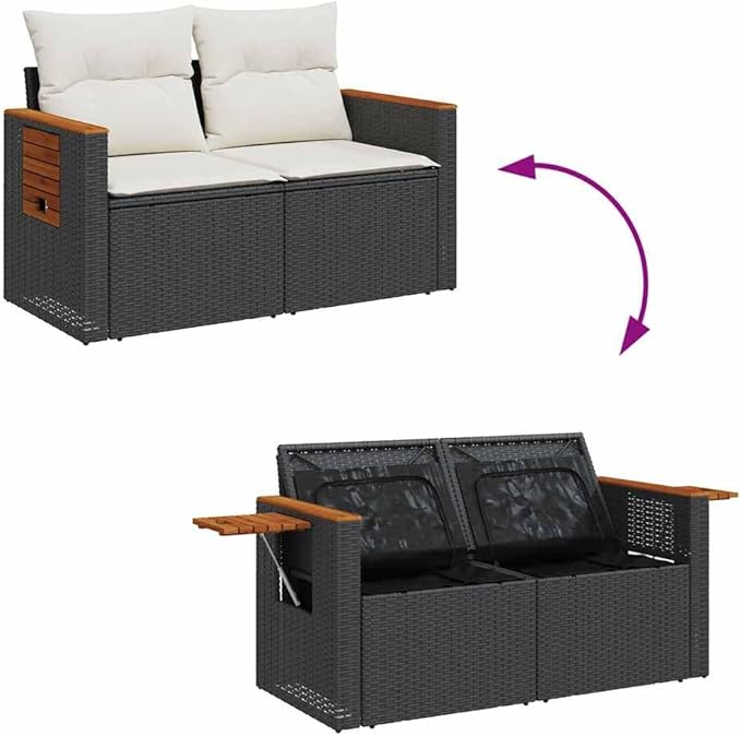 vidaXL 7 Piece Garden Sofa Set Black Poly Rattan with Storage Cushions Acacia Wood Perfect for Outdoor Spaces and Relaxation Patio Lounge Wicker Modular Furniture Conversation