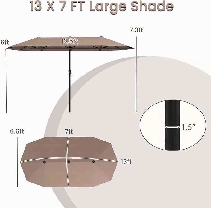 Tangkula 13 FT Large Patio Umbrella, Outdoor Double-Sided Table Market Umbrella w/Crank Handle, 12 Heavy-Duty Ribs, Sun-Protective Rectangular Twin Parasol for Garden Deck Lawn Poolside (Tan)