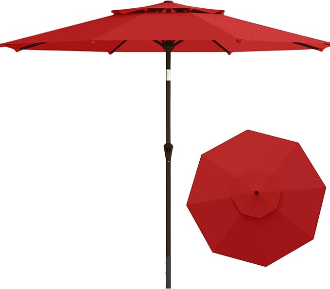9FT Patio Umbrella 2-Tier Outdoor Market Table Umbrella with Push-Button Tilt & Crank | UPF 50+ & Waterproof for Backyard,Garden,Pool,Deck(Red)