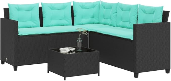 Patio Sofa with Table and Cushions, Patio Conversation Set Bistro Set Outdoor Dining Sets Front Porch Furniture for Negotiation Area Garden Poolside Exhibition L-Shaped Black Poly Rattan
