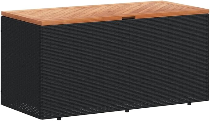 Patio Storage Box 43.3 Inch PE Rattan Outdoor Bench with Acacia Wood Top Water-Resistant Bag for Garden Poolside Deck Furniture Black Brown