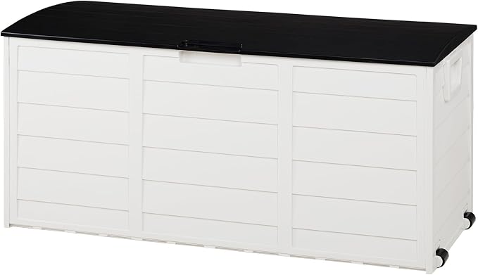75 Gallon Waterproof Outdoor Deck Box with Wheels, Lockable Resin Patio Storage Container for Cushions, Garden Tools, Pool Accessories and Outdoor Supplies, Black White