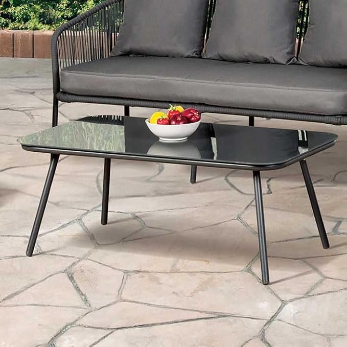 Furniture of America Serenade Metal 4-Piece Patio Conversation Set, Gloss Table Top, Chairs and Loveseat with Removable Cushions for Porch, Backyard, Lawn, Garden, Light Gray