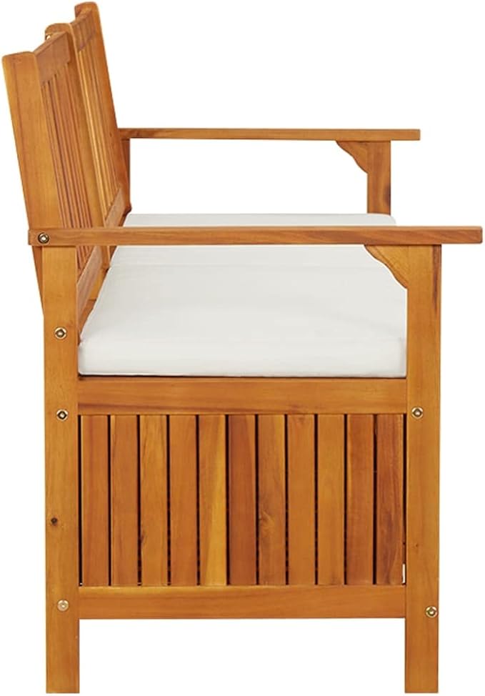 Patio Storage Bench with Cream White Cushion, Outdoor Wooden Deck Box, Solid Wood Patio Furniture for Outdoor Cushions, Pool Storage and Garden Tools, 66.9"x24.8"x33.1", -334
