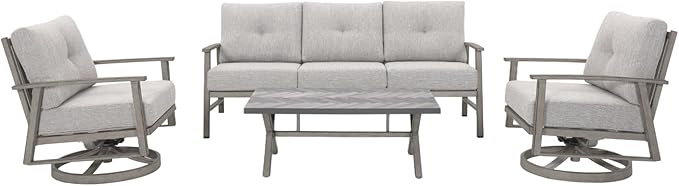 Outdoor Patio Furniture Set, 4 Pieces Aluminum Swivel Chairs Patio Conversation Set with Cushions, All Weather Outdoor Sectional Couch Sofa Set for Deck, Lawn, Poolside, Backyard, Limed Oak