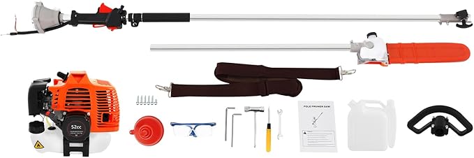 52CC Pole Saw Gas Powered,2 Stroke Gas Pole Chain Saw Cordless Tree Pruner,Extendable Chainsaw Tree Trimmer for Tree Trimming agricultur Pole Saw Gas,Hedge Trimmer W/Extension Pole & Back Strap