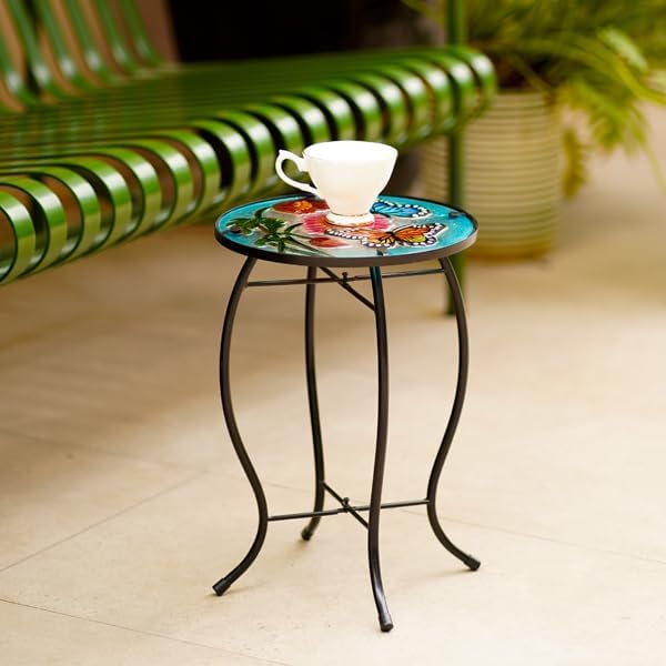 10 Inch Round Butterfly Glass Side Table, Patio Small Table, Outdoor Side Table, Outdoor Bar Table, Metal Glass End Table for Porch Garden Patio Pool Living Room