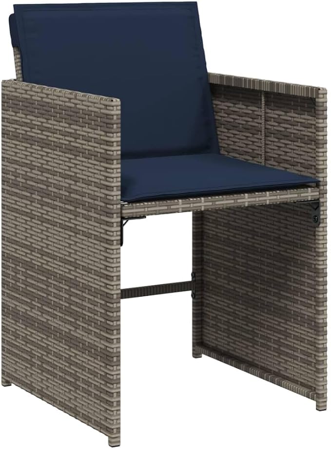 9 Piece Garden Dining Set with Cushions Grey Poly Rattan Outdoor Patio Table and 8 Foldable Chairs Tempered Glass Top Weather Resistant