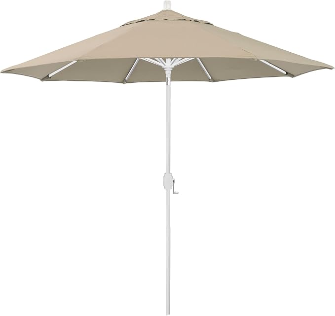 California Umbrella 12-Year-Non-Fading, 9Ft Premium Sunbrella Patio Umbrella, Hand-Crank, Button-Tilt, White Frame, Beige Fabric