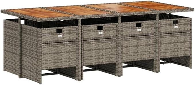 Afuera Living 9 Piece Patio Dining Set, Gray Rattan and Brown Acacia Wood, Stackable Chairs with Removable Cushions, Modern Outdoor Furniture for Garden or Backyard, Seats 8