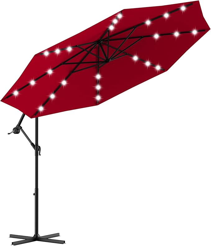 Tangkula 10FT Outdoor Patio Umbrella Solar LED Lighted Sun Shade Market Umbrella with Hanging Cover and Cross Base (Burgundy)