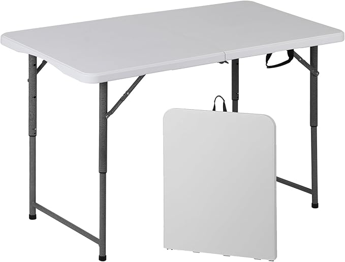 SUPER DEAL Portable 4 Foot Plastic Folding Table, Indoor Outdoor Heavy Duty Fold-in-Half Picnic Party Camping Barbecues Table with Carrying Handle, White