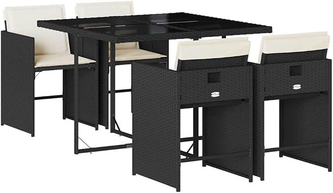 5 Piece Patio Dining Set with Cushions Black Poly Rattan Outdoor Garden Furniture Table and 4 Folding Chairs with Removable Washable Covers UV-Proof Tempered Glass Top for Backyard Deck Entertaining