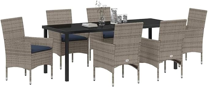7-Piece Outdoor Dining Set, Grey PE Rattan Patio Table and 6 Chairs with Cushion, Garden Furniture for Backyard, Deck, and Balcony