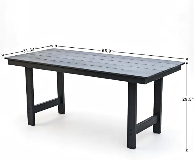 7-Pcs Outdoor Patio Dining Table Set of 6, Outdoor Patio Rectangular 66.9'' Dining Table and Armchair for Garden Backyards Pool Side, Waterproof HDPE Material & 1.95'' Umbrella Hole, Gray