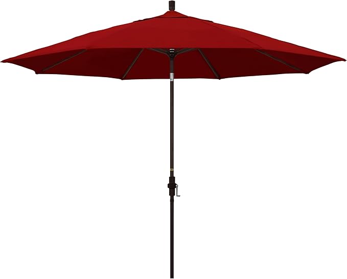 California Umbrella 11Ft Premium Sunbrella Patio Umbrella, Hand-Crank, Tilt-Collar, Bronze Frame, Jockey Red Fabric