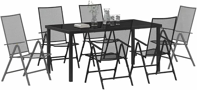 7 Piece Garden Dining Set, Anthracite Powder-Coated Steel Patio Furniture, Foldable Outdoor Table and 6 Chairs, Adjustable Height Dining Table for Backyard, Deck, and Lawn