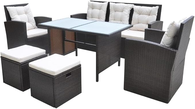 6-Piece Outdoor Dining Set, Brown PE Rattan Patio Furniture Set with Rectangular Frosted Glass Table, Steel Frame Garden Table and Chairs, Seats 7 People