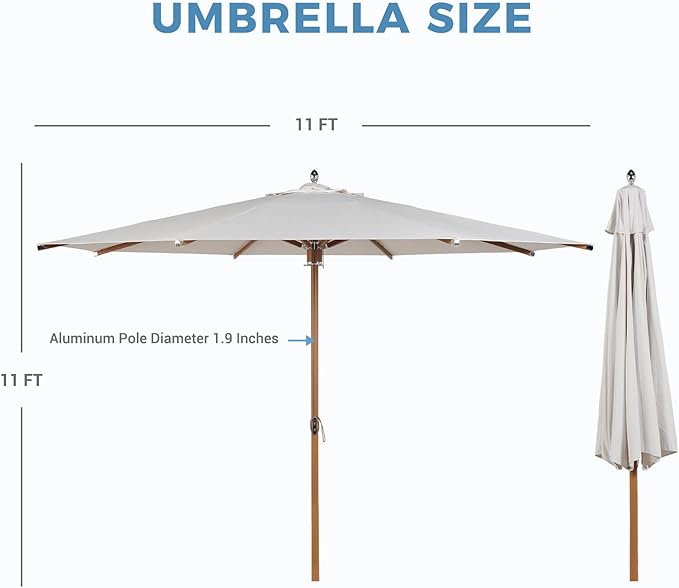 Grand patio 11 FT Sunbrella Patio Umbrella, Outdoor Umbrella with 8 Faux-Wood Grain Aluminum Ribs, Waterproof for Poolside, Deck, Backyard, Beige