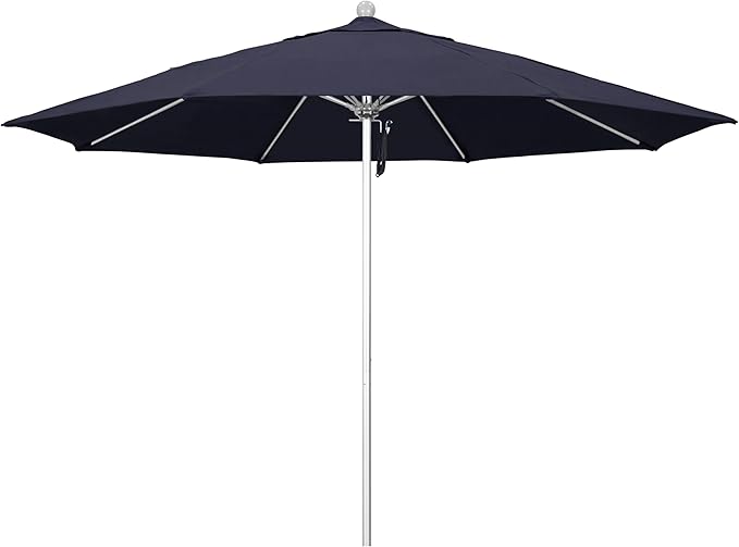 California Umbrella 11Ft Commercial Grade Sunbrella Fabric Market Umbrella, Pulley Lift, Aluminum/Fiberglass, 2mm pole wall, Silver Frame, Navy Fabric