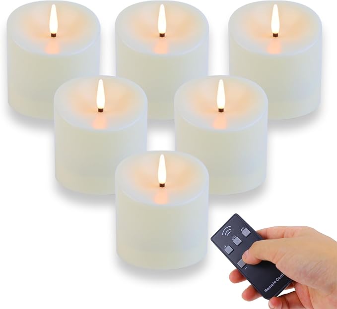 TECHLONG 3"x3" Flickering Flameless Candles Waterproof, Battery Operated Candles with Remote Timer, Last 600 Hours Electric Fake LED Candles for Halloween Christmas Decoration, Ivory White, Set of 6