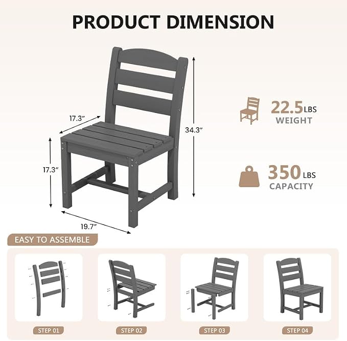 KINGYES 5-Piece HDPE Outdoor Dining Set for 4, Square Patio Table & Armless Chairs with Umbrella Hole, All-Weather Patio Dining Set for Backyard, Garden, Lawn & Poolside, Gray
