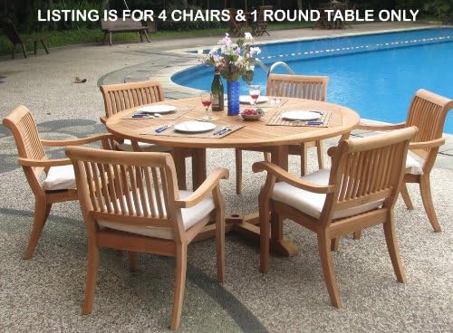 New 5 Pc Luxurious Grade-A Teak Dining Set - 60" Round Table and 4 Stacking Arbor Arm Chairs #WHDSAB6