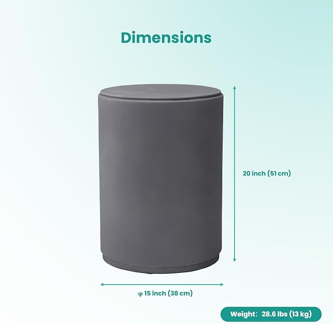 SUNBURY Outdoor Side Table, 20" H Concrete End Tables, Round Patio Accent Table, Modern Small Side Table, Cement Garden Stool Log Table, Tree Stump Drum Table Indoor and Outdoor, Frosted Grey
