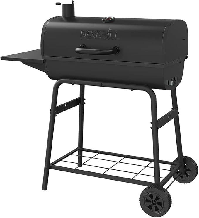 Nexgrill Premium 29" Charcoal Grill with Side Shelf, 552 SQ In Cooking Space, Adjustable Charcoal Tray, Chimney Air Vent, Warming Rack, Barrel Smoker Grill for Camping, Picnics, and More - 810-0029C