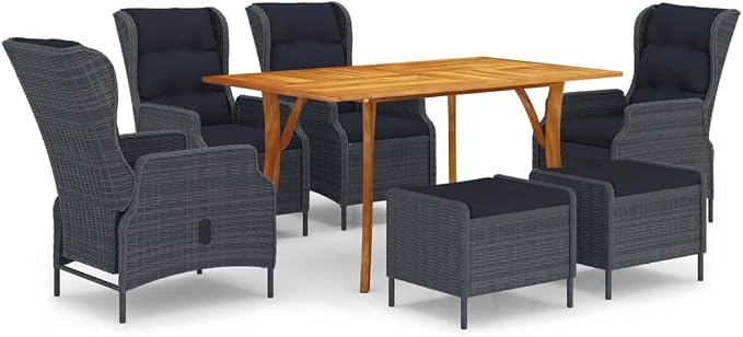 7 Piece Patio Dining Set Dark Gray Solid Acacia Wood Table with Curved Legs Weather-Resistant PE Rattan Chairs Thick Cushions Modern Outdoor Furniture for Backyard Balcony and Garden