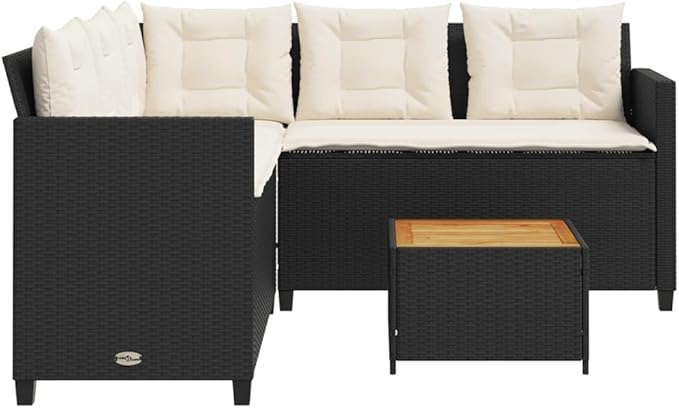 Patio Sofa with Table and Cushions, Outdoor Dining Sets Porch Furniture Set Patio Conversation Set Front Porch Furniture for Poolside Garden Exhibition L-Shaped Black Poly Rattan