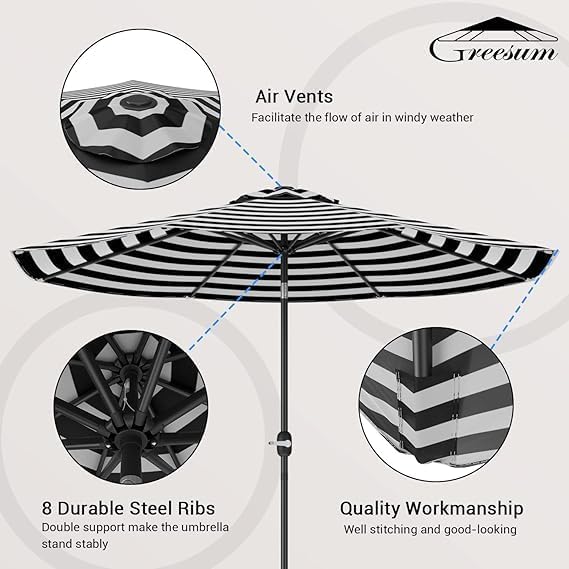 Greesum 9FT Patio Umbrella, Outdoor Table Umbrella with Push Button Tilt, Crank and 8 Sturdy Ribs for Garden, Lawn, Backyard & Pool