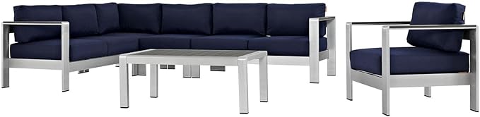 Modway Shore 6-Piece Aluminum Outdoor Patio Sectional Sofa Set in Silver Navy