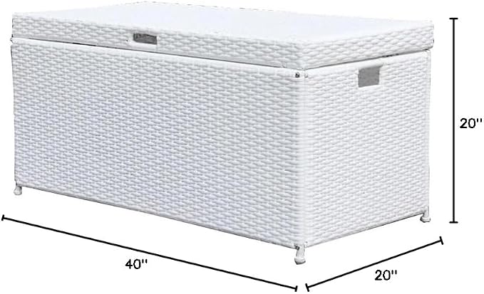BOWERY HILL Wicker/Rattan Patio Storage Deck Box, 40" W x 20" D x 20" H, Steel Frame, White Finish, Resin Panels, Hinged Top Lid with Chain Stopper, Handles for Portability, Indoor/Outdoor Use