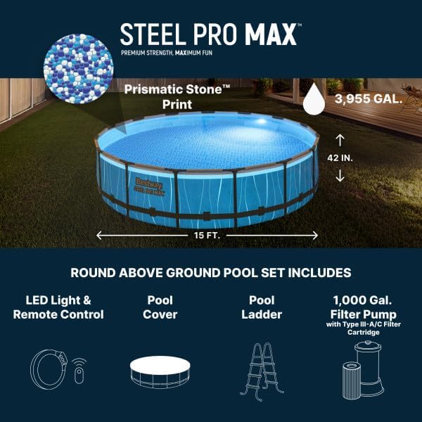 Bestway Steel Pro MAX 15' x 42" Above Ground Pool, Round Metal Frame Outdoor Swimming Pool Set with LED Light, Filter Pump, Ladder, & Cover, Dark Gray