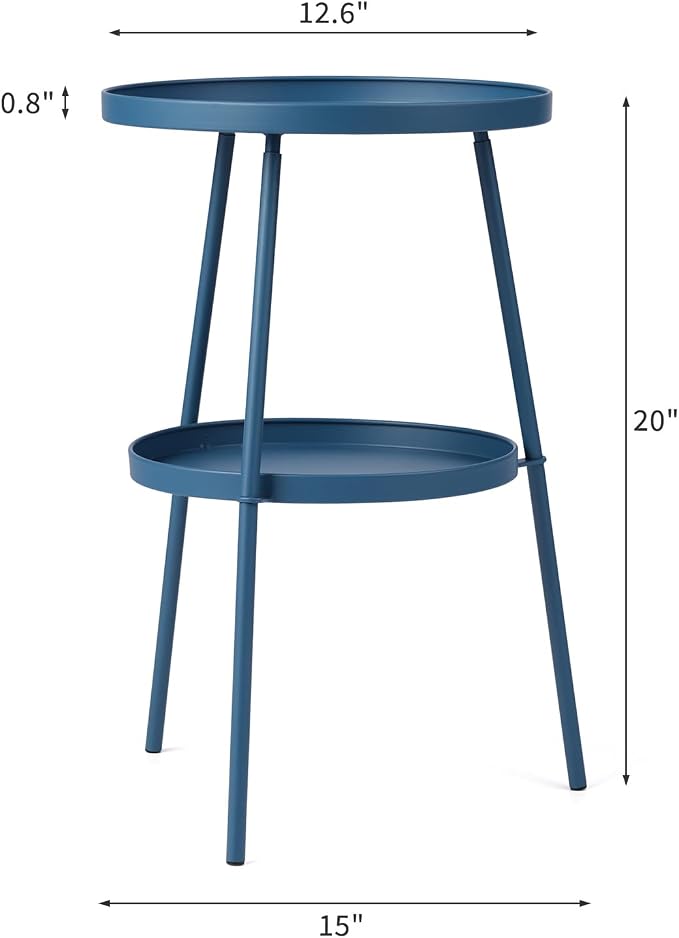 Outdoor Side Table 2 Tier End Table Metal Round Coffee Tables Nightstand for Small Spaces Indoor Outdoor and Living Room Bedroom or Office (Navy Blue)
