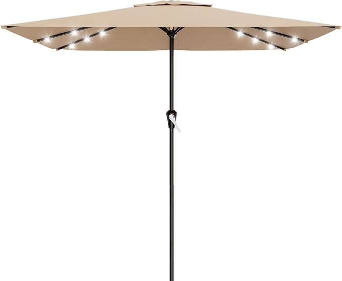 AreShark 8' X 10' Rectangular Patio Umbrella with Solar Lights, Lighted Solar Umbrella with Crank, Outdoor Table Umbrella for Garden, Deck, Backyard, Pool and Beach, Beige