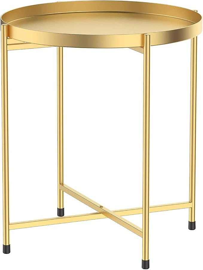 Tray Metal Round End Table Folding Small Side Table Outdoor & Indoor Coffee Table for Small Spaces Bedroom Patio,Gold
