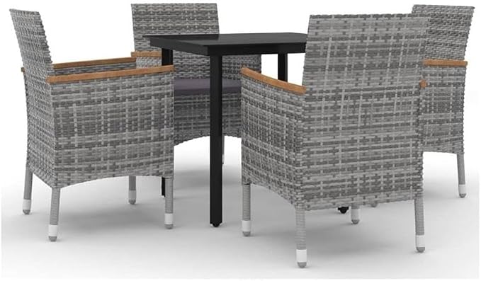 BOWERY HILL Contemporary 5 Piece Patio Dining Set, PE Rattan Weather-Resistant Seats, Gray Finish with Cushions, Glass Tabletop, Compact Outdoor Garden and Terrace Furniture for 4 People
