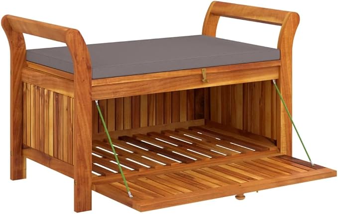 Wooden Outdoor Patio Storage Bench Large Deck Box with Brown Cushion 35.8"x19.7"x23.6" Solid Wood Acacia Storage Box Deck Box with Seat for Garden, Balcony, Porch, Pool,Yard -AA